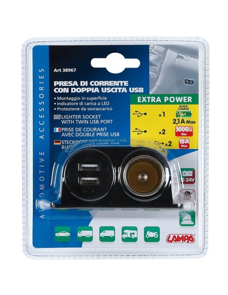 Extra-Power, presa corrente con doppia USB, 12/24V
