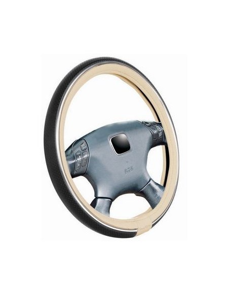 COPRIVOLANTE PELLE NERA/CREMA CON INSERTO CROMO/BL