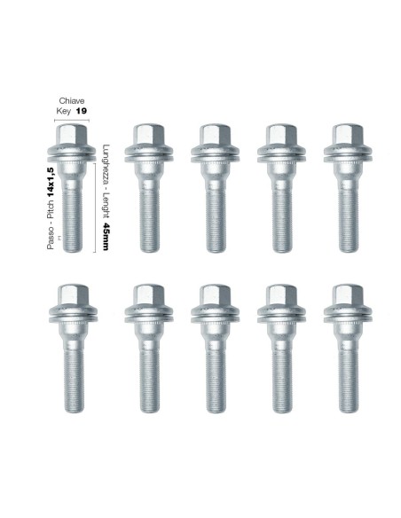 10 BULLONI CH.19 14X1.5 L.45MM SFERICI RONDELLA MO