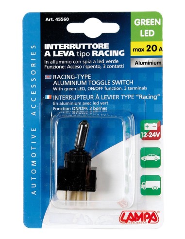 INTERRUTTORE A LEVA 20A-12V. CON LED VERDE