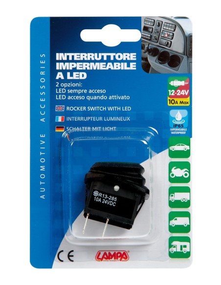 INTERRUTTORE IMPERMEABILE 12/24V CON LED VERDE