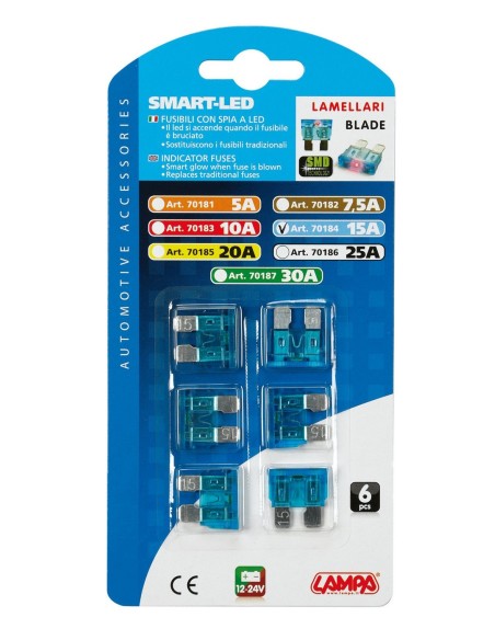 CART.FUSIBILI LAMELLARI C/LED 15A, 6PEZZI