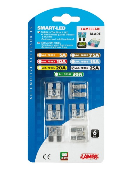 CART.FUSIBILI LAMELLARI C/LED 25A, 6PEZZI