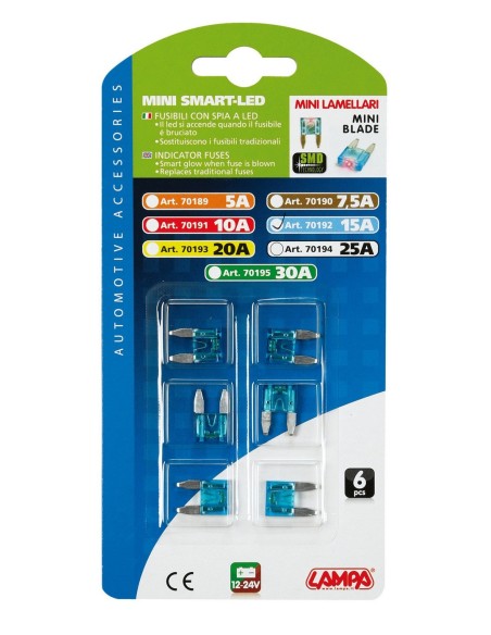 CART.MINIFUSIBILI LAMELLARI CON LED 15A, 6PZ