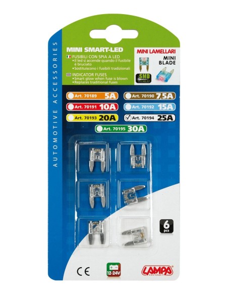 CART.MINIFUSIBILI LAMELLARI CON LED 25A, 6PZ