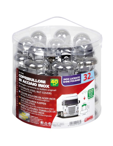 SET 40 PZ.COPRIBULLONI 32MM ACCIAIO INOX TESTA TON