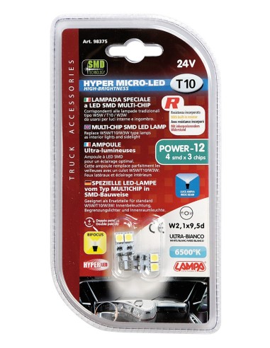 HYPER-MICRO LED 24V.T10 4SMD 3CHIPS , BIANCO - CP.