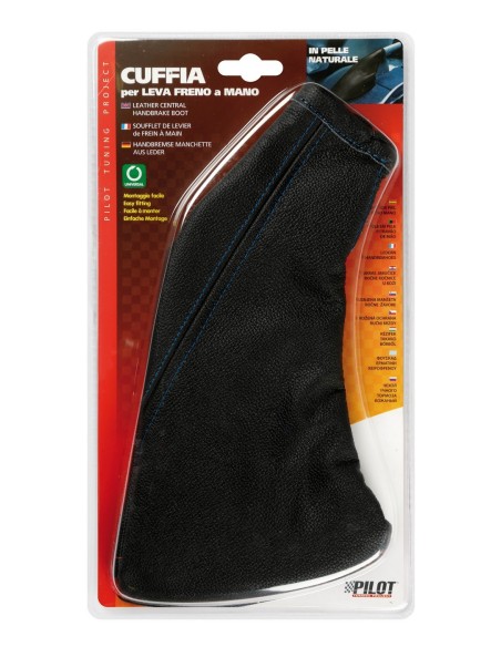 CUFFIA LEVA FRENO PELLE NERA CUCITURE BLU