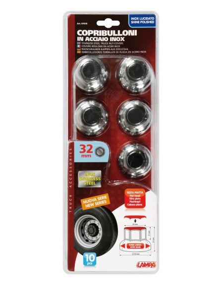 Boater, Set 10 copribulloni testa piatta in acciaio inox - Ø 32 mm - Cromo