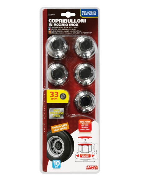 Boater, Set 10 copribulloni testa piatta in acciaio inox - Ø 33 mm - Cromo