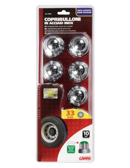 Dome, Set 10 copribulloni testa tonda in acciaio inox - Ø 33 mm - Cromo
