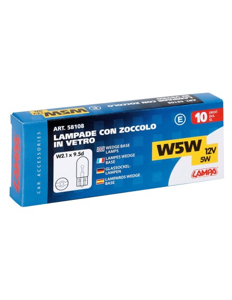 SET 10 LAMPADINE ZOCCOLO VETRO T10 12V 5W SCATOLA 58108 LAMPA