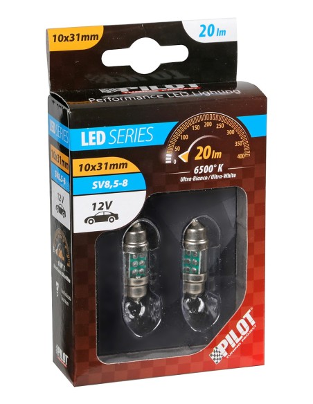 12V Led Series - 3 Led - 10x31 mm - SV8,5-8 - 2 pz  - Scatola - Bianco