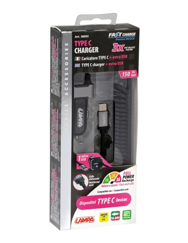 CARICA BATTERIE TYPE-C + EXTRA PRESA USB,3000MA 12