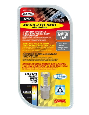 12V Led Series - 8 super chips + 12 chips - (P21W) - Quadrifocus - BA15s - 1 pz  - D/Blister - Bianco