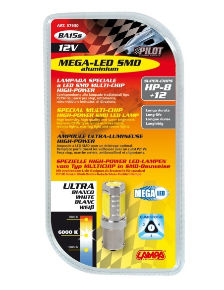 12V Led Series - 8 super chips + 12 chips - (P21W) - Quadrifocus - BA15s - 1 pz  - D/Blister - Bianco