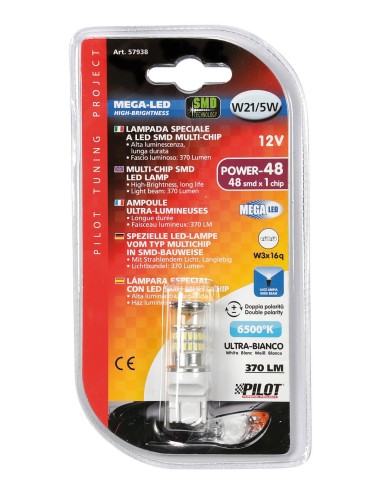 12V Mega-Led 48 - 48 SMD x 1 chip - (W21/5W) - W3x16q - 1 pz  - D/Blister - Bianco - Doppia polarità