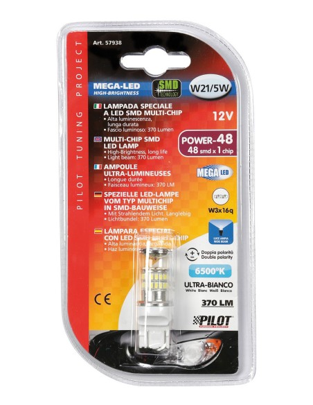 12V Mega-Led 48 - 48 SMD x 1 chip - (W21/5W) - W3x16q - 1 pz  - D/Blister - Bianco - Doppia polarità