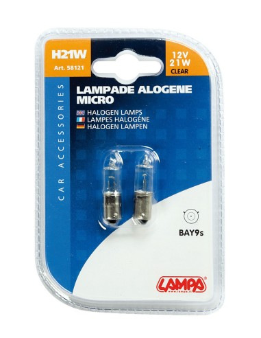 12V Lampada alogena micro - H21W - 21W - BAY9s - 2 pz  - Scatola