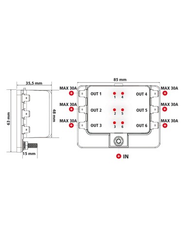 Fuse Block, scatola portafusibili, 1 entrata - 6 uscite, 12/24V