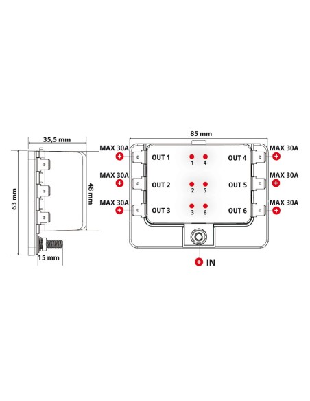 Fuse Block, scatola portafusibili, 1 entrata - 6 uscite, 12/24V