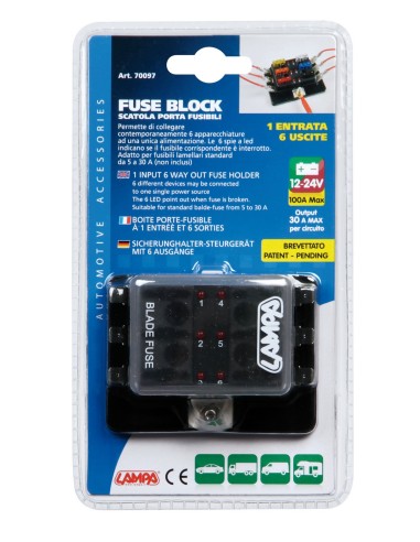 Fuse Block, scatola portafusibili, 1 entrata - 6 uscite, 12/24V