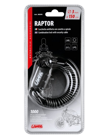 Raptor, lucchetto antifurto con cavo a spirale - 150 cm