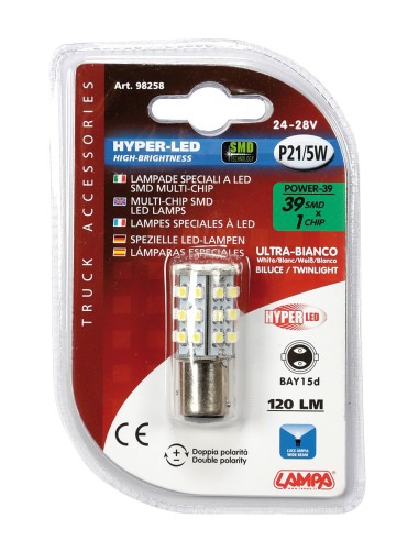 24/28V Hyper-Led 39 - 39 SMD x 1 chips - (P21/5W) - BAY15d - 1 pz  - Scatola - Bianco - Doppia polarità
