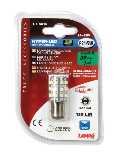 24/28V Hyper-Led 39 - 39 SMD x 1 chips - (P21/5W) - BAY15d - 1 pz  - Scatola - Bianco - Doppia polarità