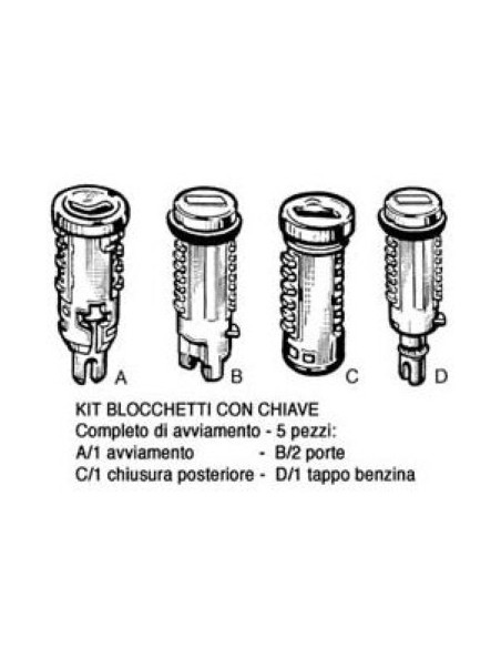 KIT BLOCCHETTI 5PZ: 1 AVVIAMENTO 2 PORTE 1 CHIUSURA POSTERIORE 1 TAPPO BENZINA