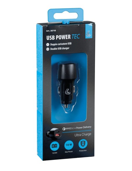 Usb Power Tec, caricabatteria 2 porte Usb - PD / QC 3.0 - 18W - 12/24V